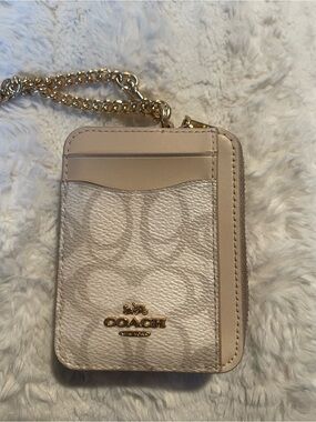 Coach Cream & Beige Zip Signature Zip Wallet with Gold Chain